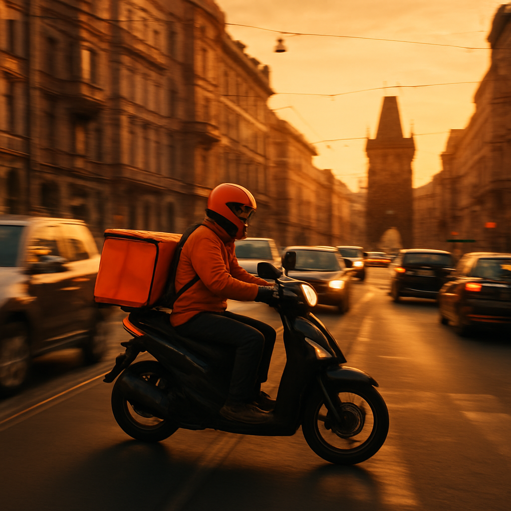Goora courier on a motorcycle in Prague